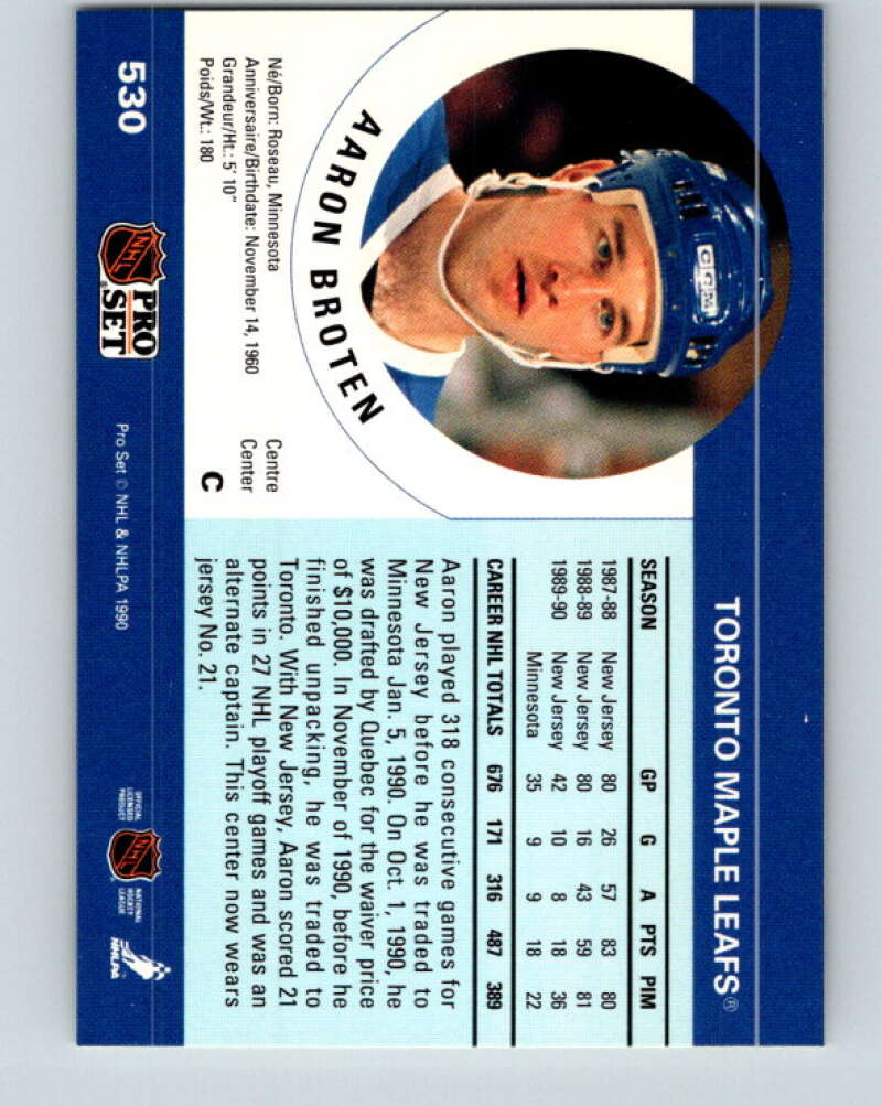 1990-91 Pro Set #530 Aaron Broten Mint Toronto Maple Leafs