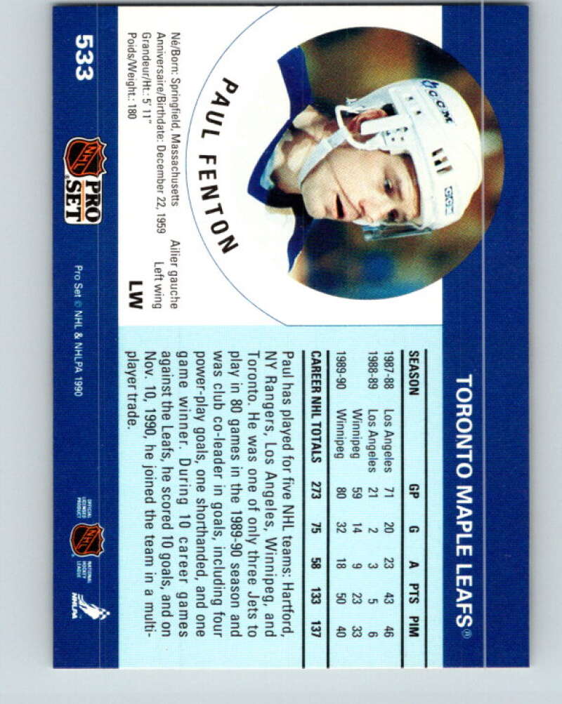 1990-91 Pro Set #533 Paul Fenton Mint Toronto Maple Leafs