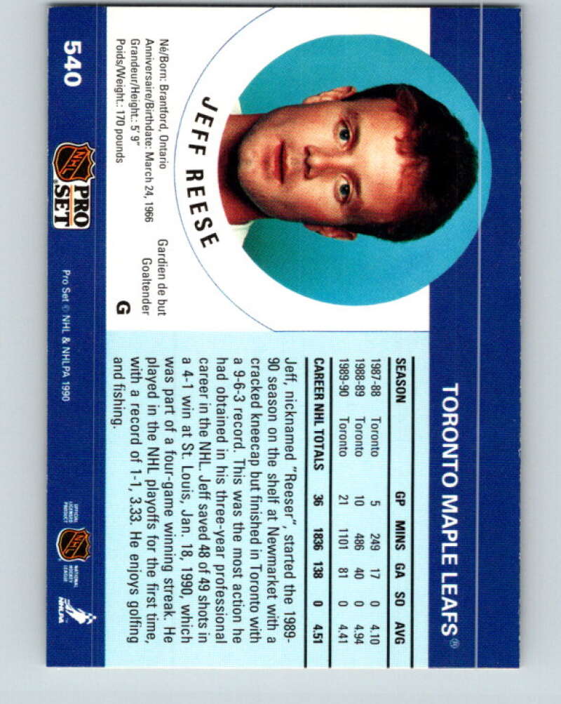 1990-91 Pro Set #540 Jeff Reese Mint Toronto Maple Leafs