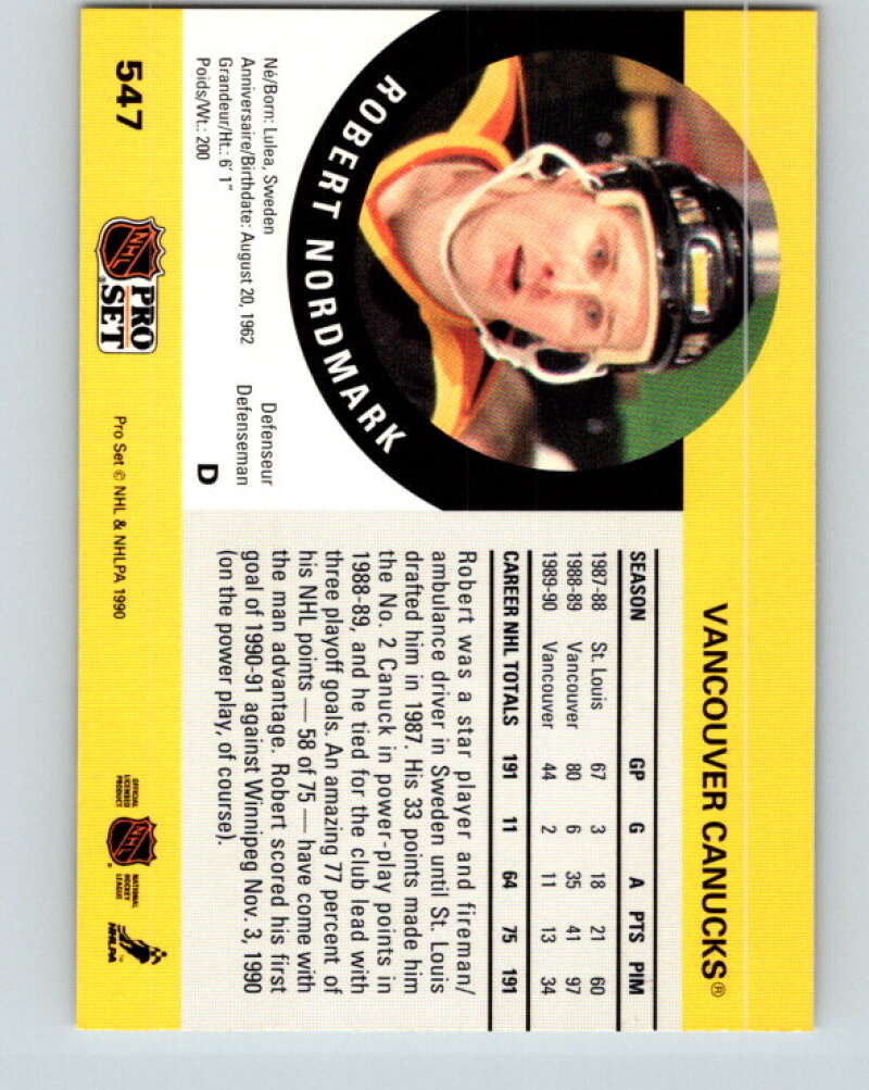 1990-91 Pro Set #547 Robert Nordmark Mint Vancouver Canucks