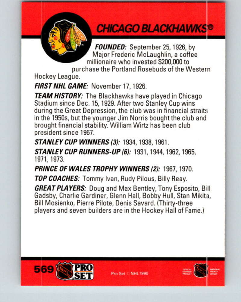 1990-91 Pro Set #569 Chicago Blackhawks Mint Chicago Blackhawks