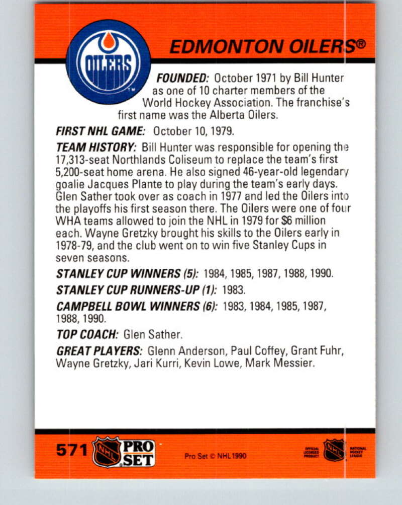 1990-91 Pro Set #571 Edmonton Oilers Logo Mint Edmonton Oilers