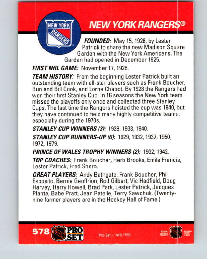 1990-91 Pro Set #578 New York Rangers Logo Mint New York Rangers