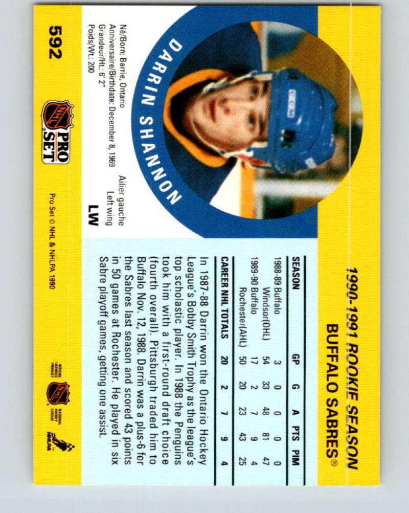 1990-91 Pro Set #592 Darrin Shannon Mint RC Rookie Buffalo Sabres