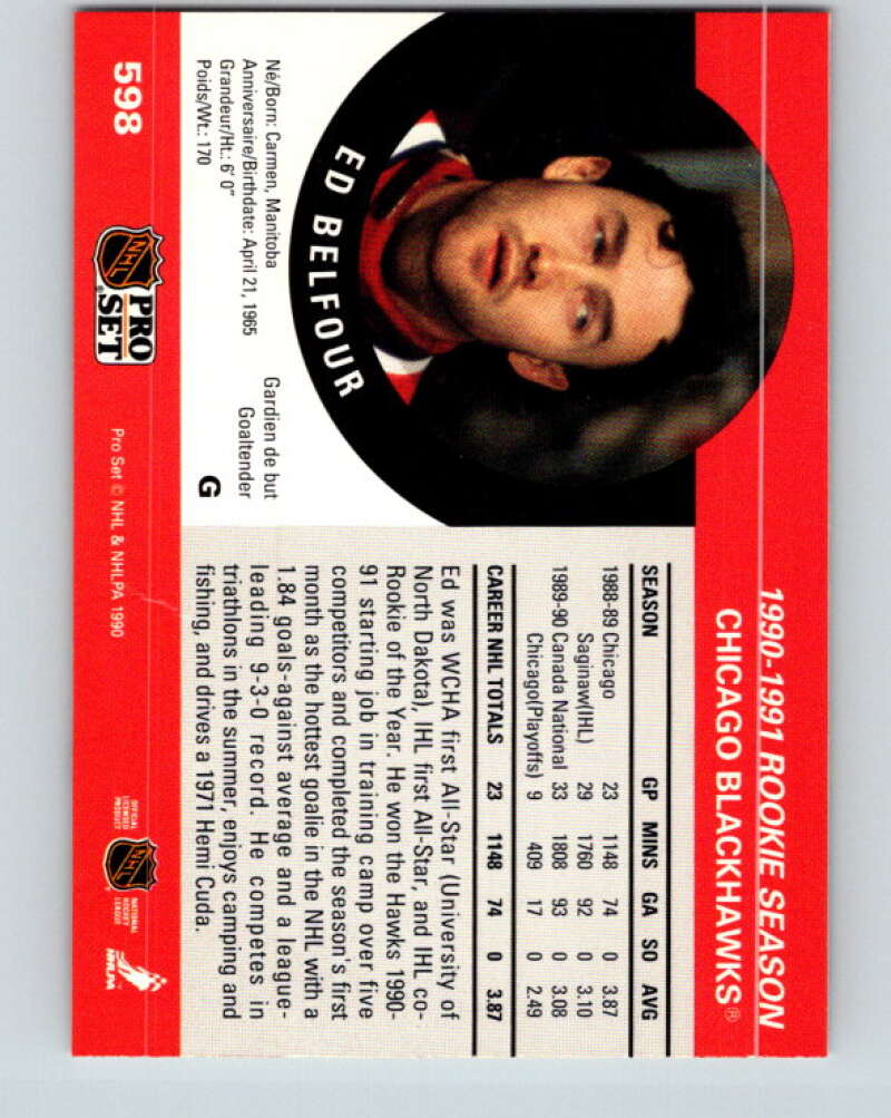 1990-91 Pro Set #598 Ed Belfour Mint RC Rookie Chicago Blackhawks