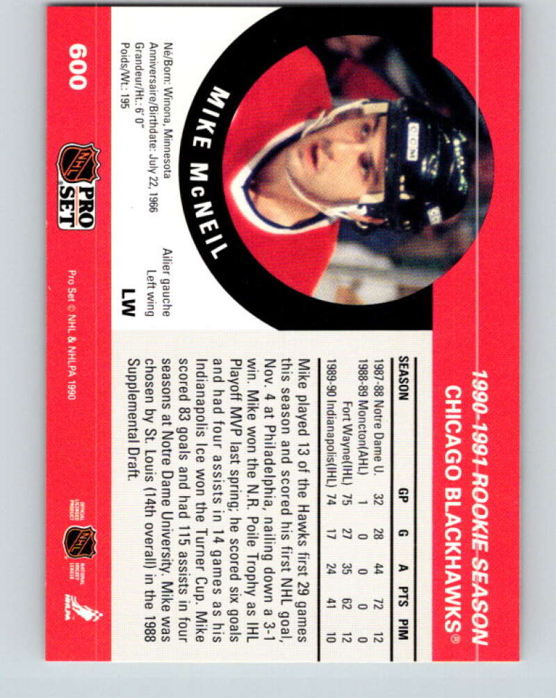 1990-91 Pro Set #600 Mike McNeil Mint Chicago Blackhawks