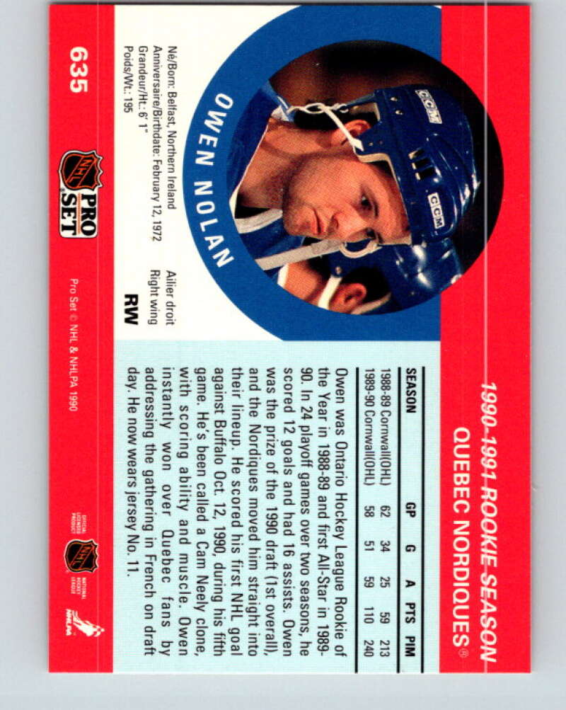 1990-91 Pro Set #635 Owen Nolan Mint Quebec Nordiques