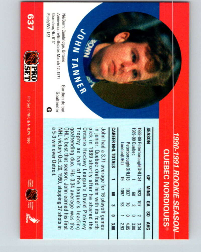 1990-91 Pro Set #637 John Tanner Mint Quebec Nordiques