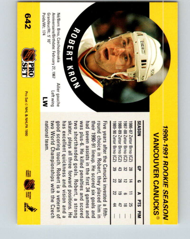1990-91 Pro Set #642 Robert Kron Mint Vancouver Canucks