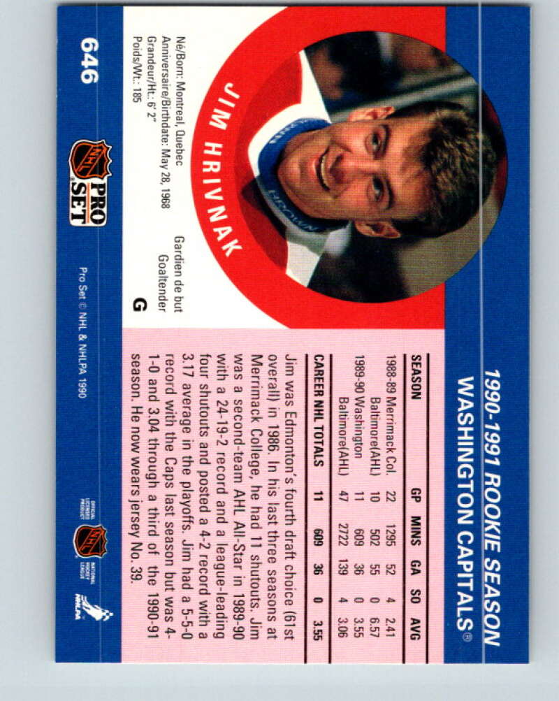 1990-91 Pro Set #646 Jim Hrivnak Mint RC Rookie Washington Capitals