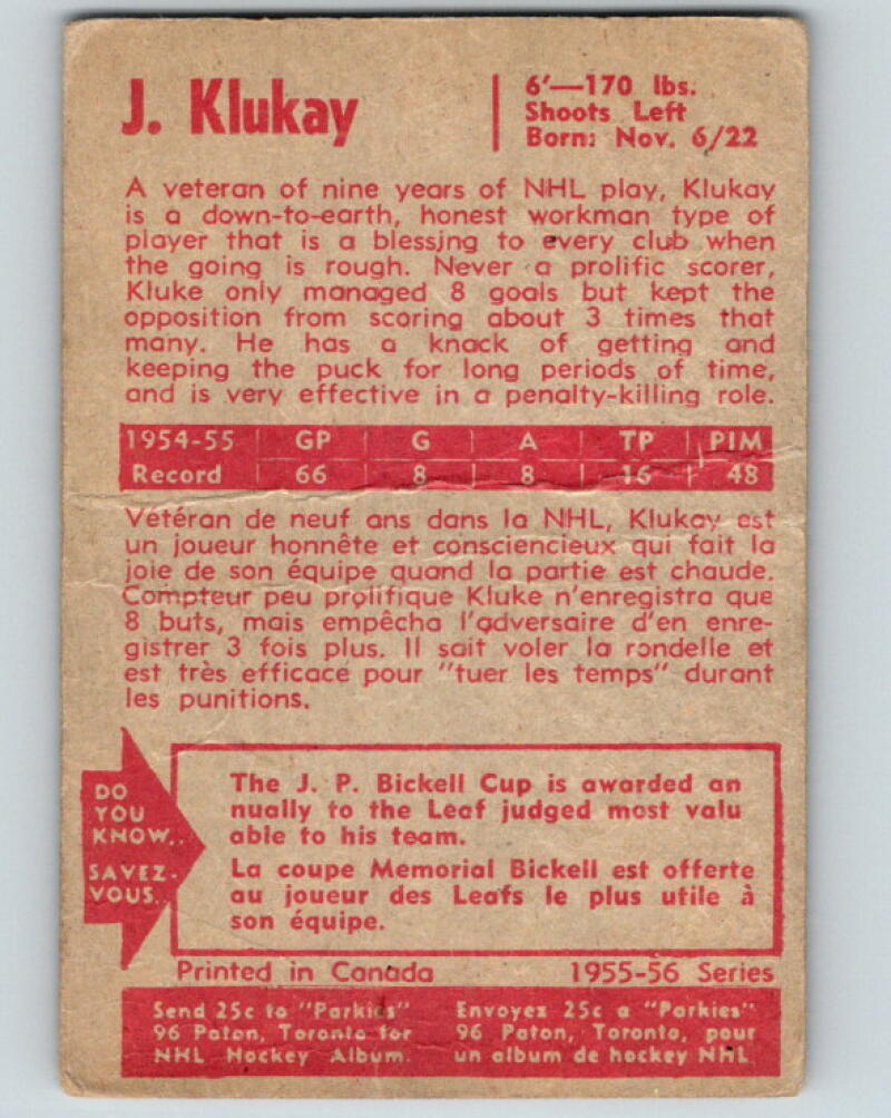 1955-56 Parkhurst #6 Joe Klukay Toronto Maple Leafs V3