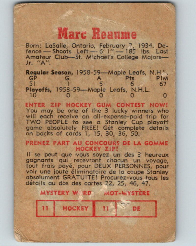 1959-60 Parkhurst #11 Marc Reaume Toronto Maple Leafs V4