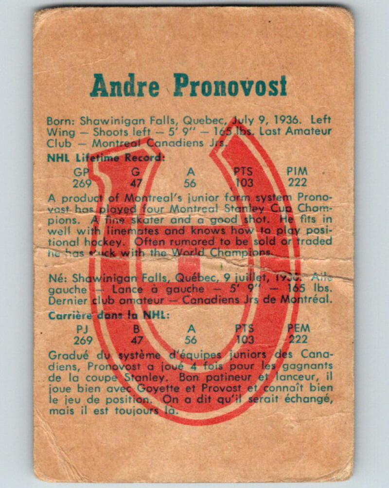 1960-61 Parkhurst #55 Andre Pronovost Montreal Canadiens V14