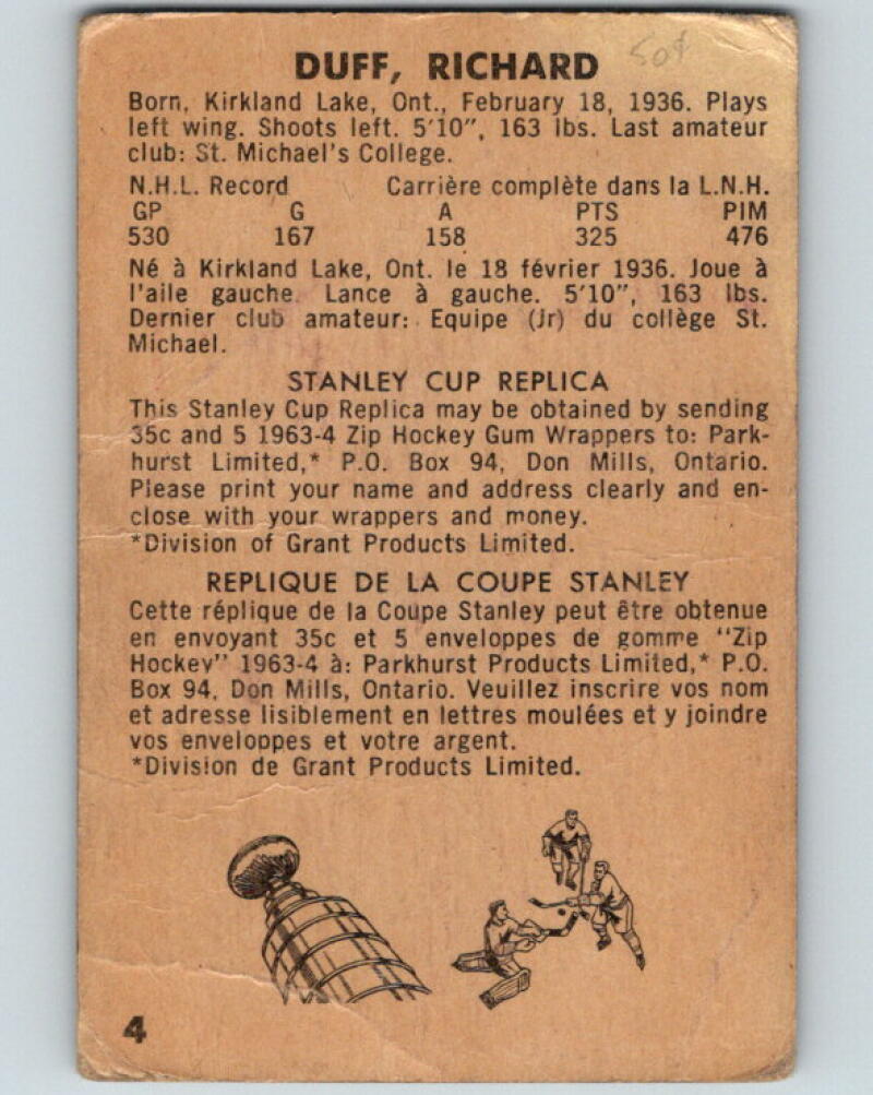 1963-64 Parkhurst #4 Dick Duff  Toronto Maple Leafs V16