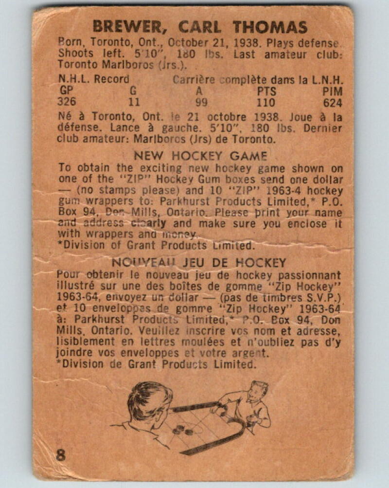 1963-64 Parkhurst #8 Carl Brewer Toronto Maple Leafs V20