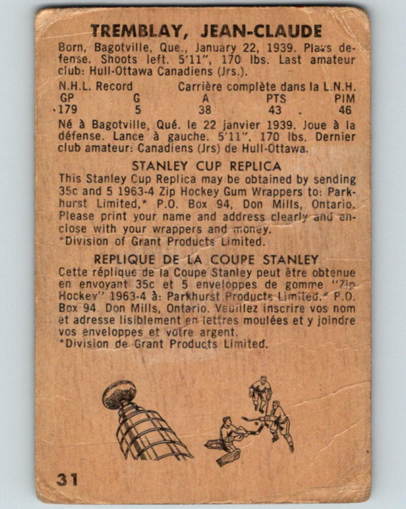 1963-64 Parkhurst #31 J.C. Tremblay  Montreal Canadiens V27