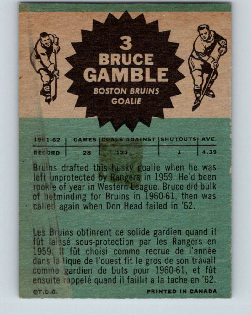 1962-63 Topps #3 Bruce Gamble  RC Rookie Boston Bruins  V38