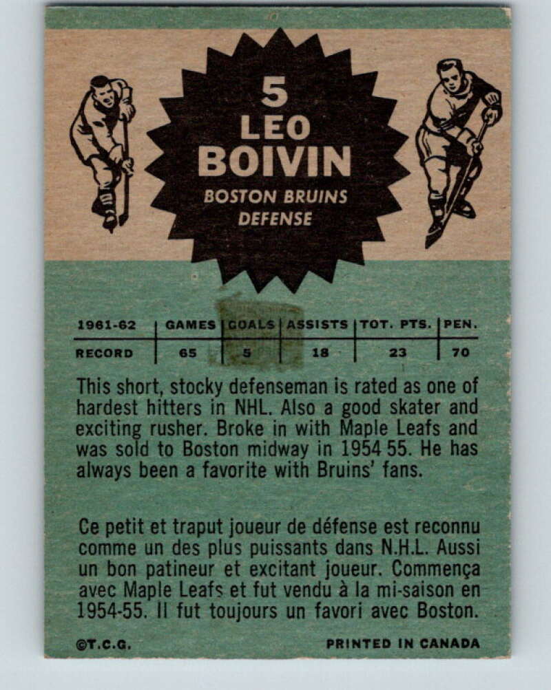1962-63 Topps #5 Leo Boivin  Boston Bruins  V40