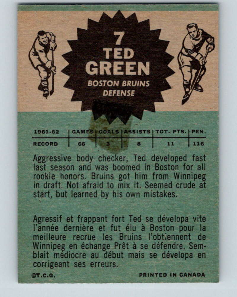 1962-63 Topps #7 Ted Green  Boston Bruins  V42