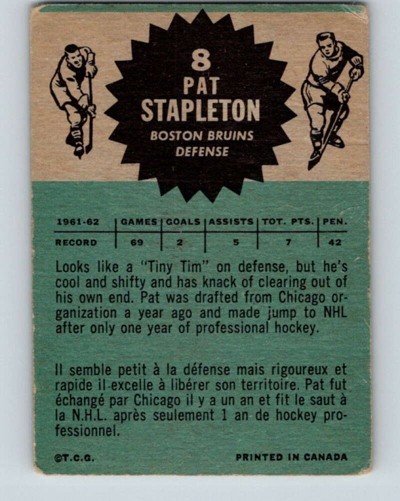 1962-63 Topps #8 Pat Stapleton  Boston Bruins  V44
