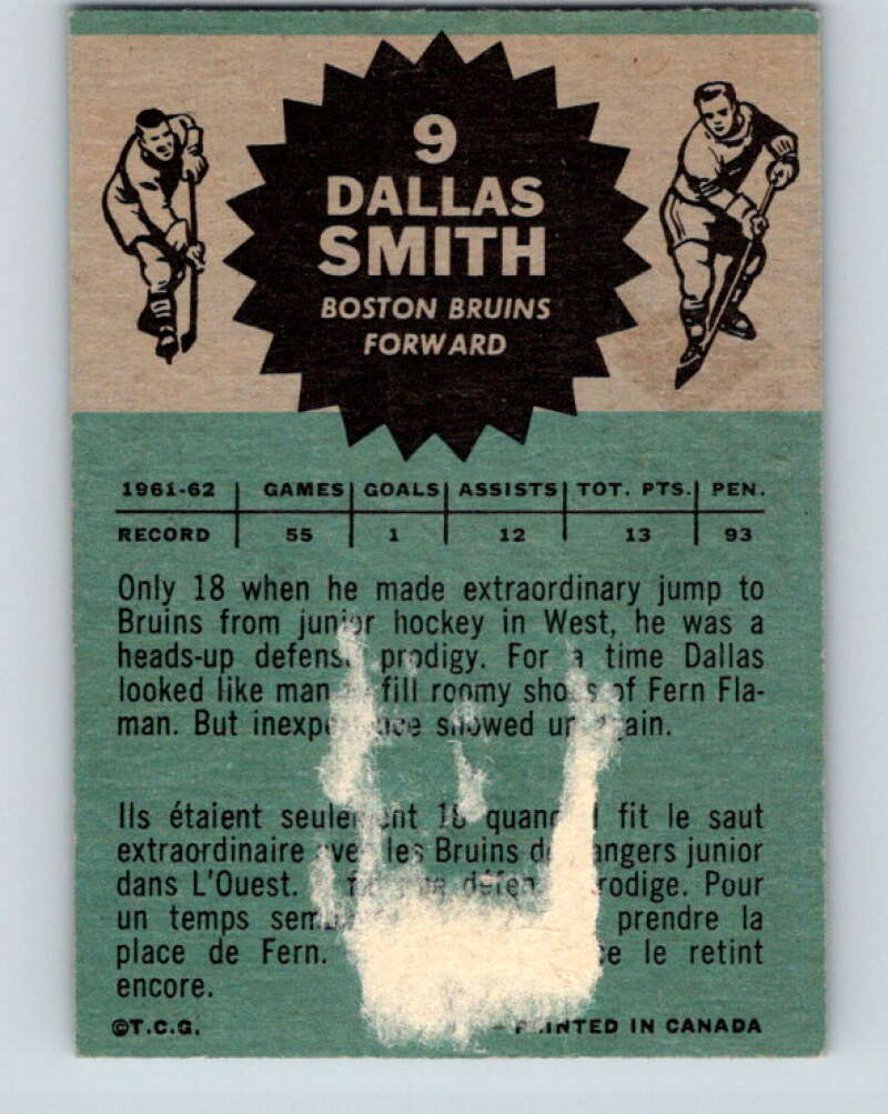 1962-63 Topps #9 Dallas Smith  Boston Bruins  V45