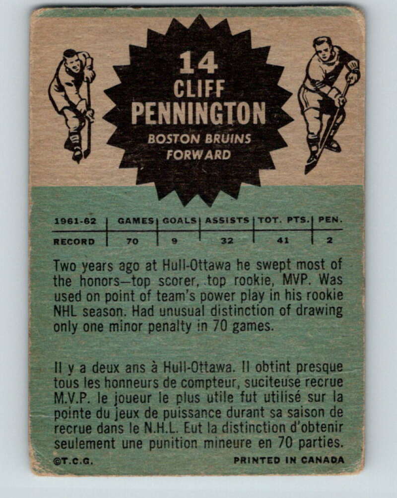 1962-63 Topps #14 Cliff Pennington  Boston Bruins  V50