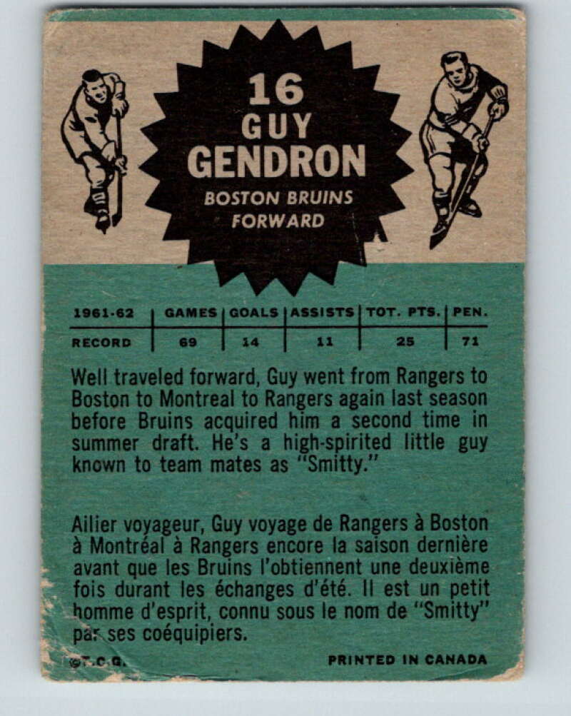 1962-63 Topps #16 Jean-Guy Gendron  Boston Bruins  V52