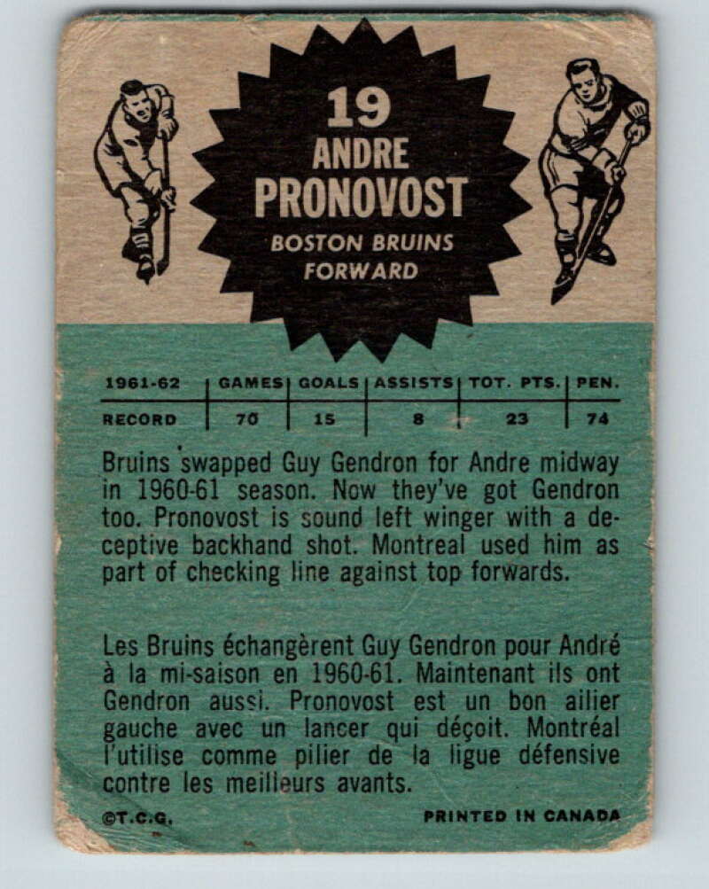 1962-63 Topps #19 Andre Pronovost  Boston Bruins  V56