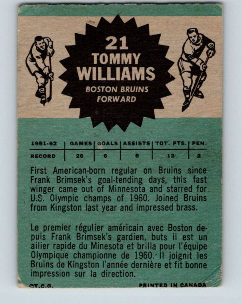 1962-63 Topps #21 Tom Williams  RC Rookie Boston Bruins  V58