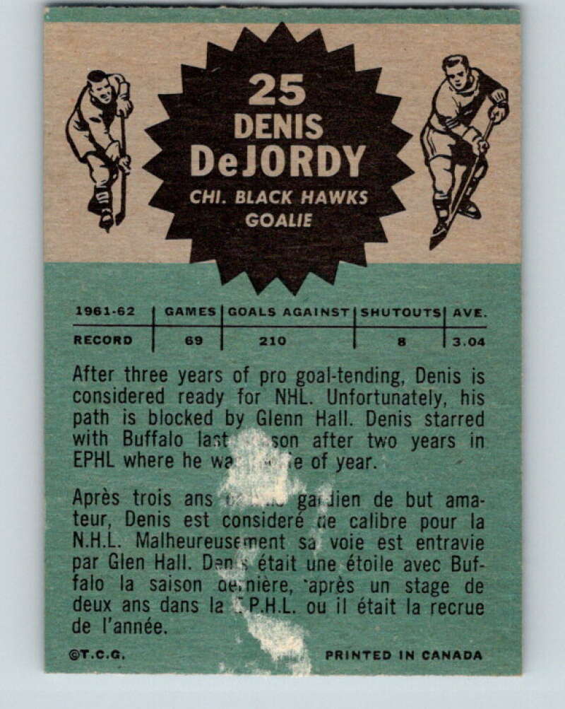 1962-63 Topps #25 Denis DeJordy  Chicago Blackhawks  V62