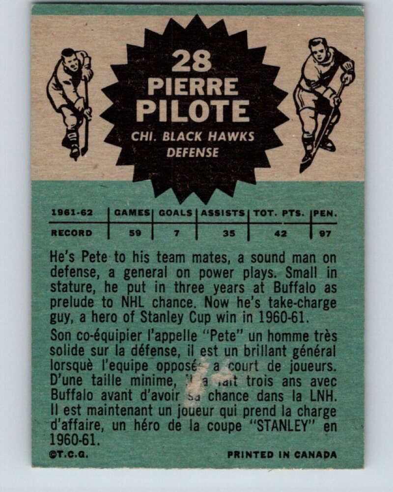 1962-63 Topps #28 Pierre Pilote  Chicago Blackhawks  V66