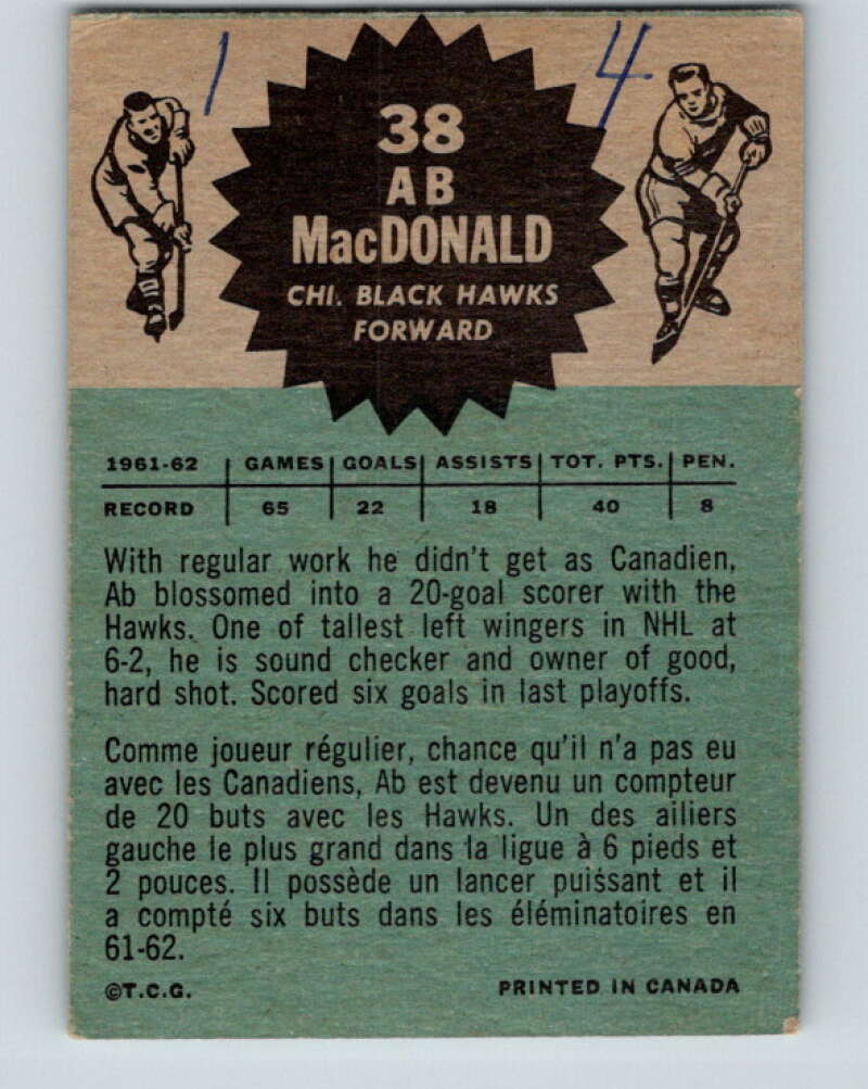 1962-63 Topps #38 Ab McDonald  Chicago Blackhawks  V75