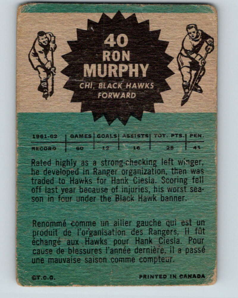 1962-63 Topps #40 Ron Murphy  Chicago Blackhawks  V77