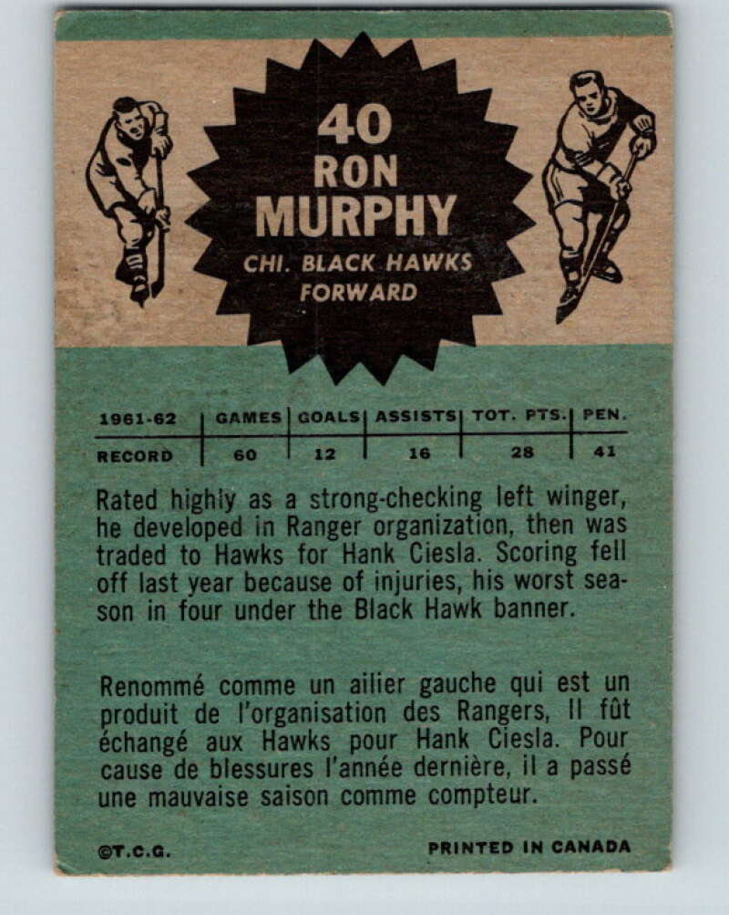 1962-63 Topps #40 Ron Murphy  Chicago Blackhawks  V78
