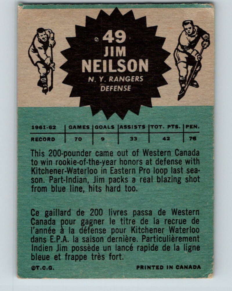 1962-63 Topps #49 Jim Neilson  RC Rookie New York Rangers  V88