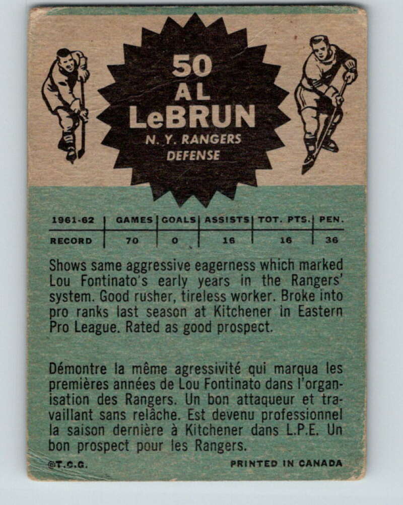 1962-63 Topps #50 Al LeBrun  New York Rangers  V89