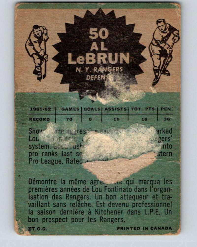 1962-63 Topps #50 Al LeBrun  New York Rangers  V91