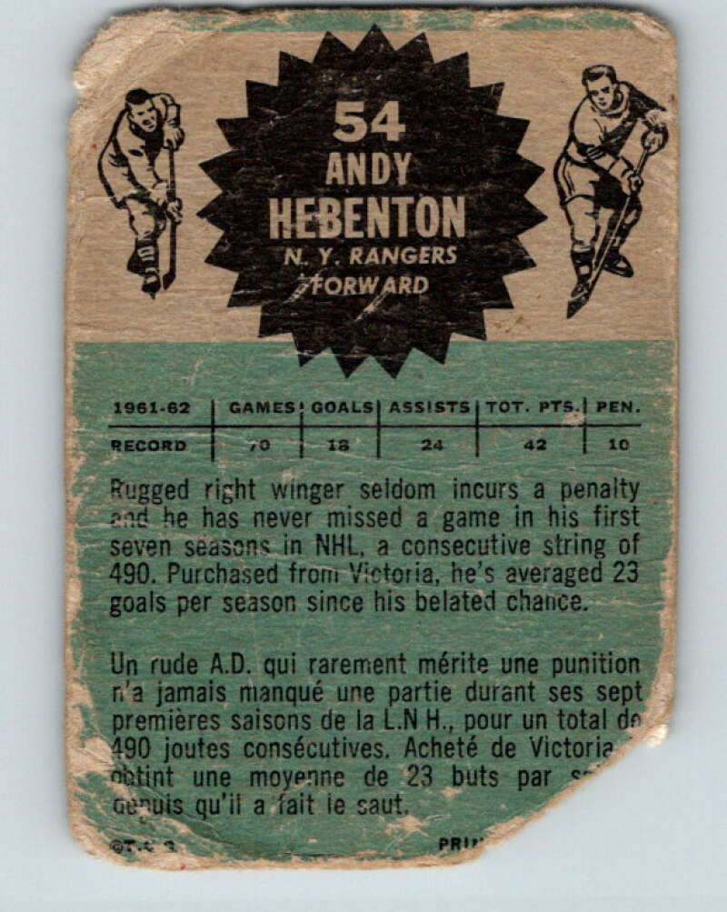 1962-63 Topps #54 Andy Hebenton  New York Rangers  V97