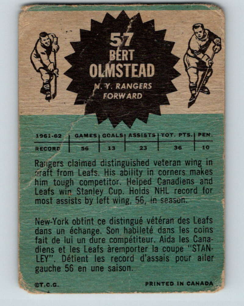 1962-63 Topps #57 Bert Olmstead  New York Rangers  V101