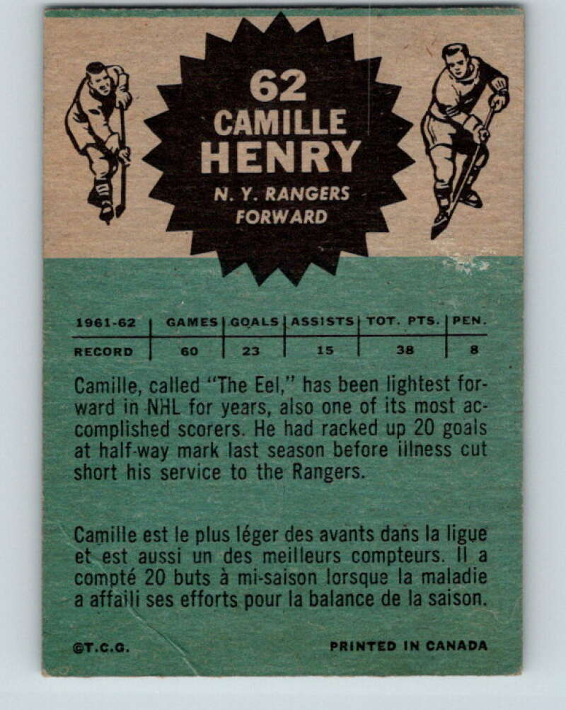 1962-63 Topps #62 Camille Henry  New York Rangers  V104