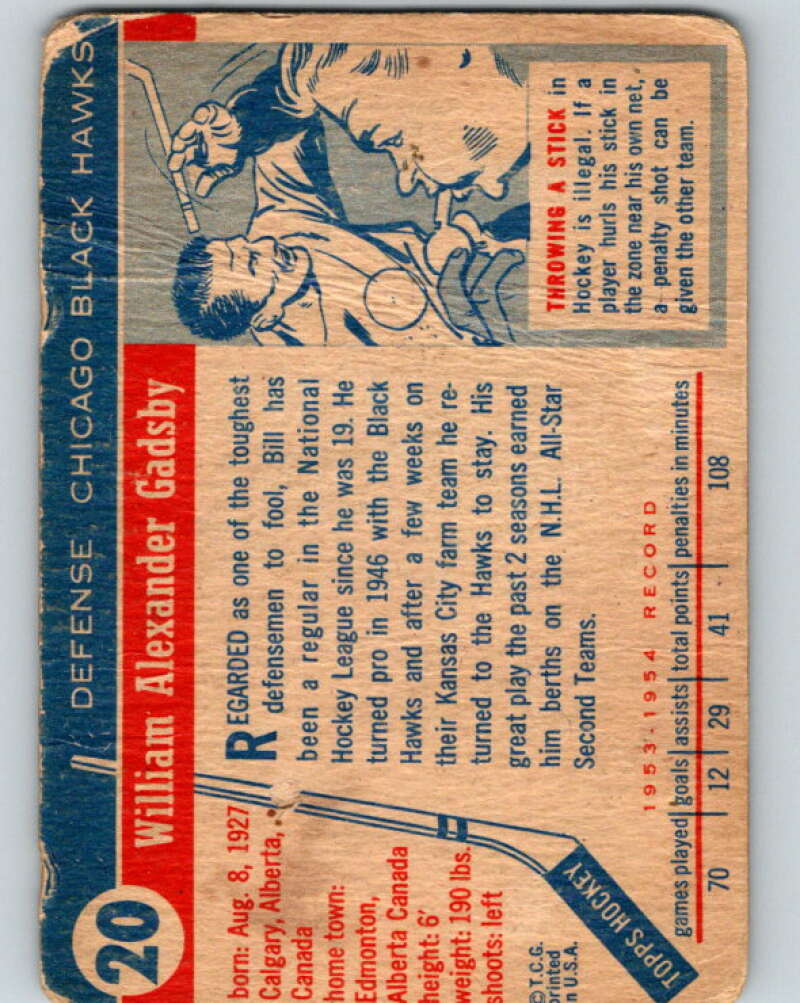 1954-55 Topps #20 Bill Gadsby  Chicago Blackhawks  V115