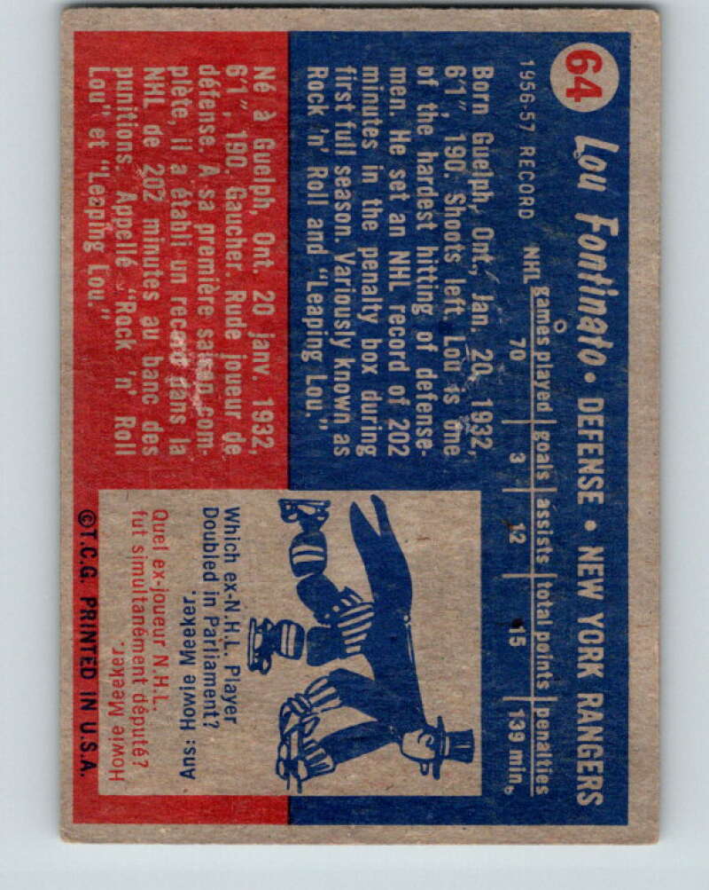 1957-58 Topps #64 Lou Fontinato See Scan RC Rookie New York Rangers  V198