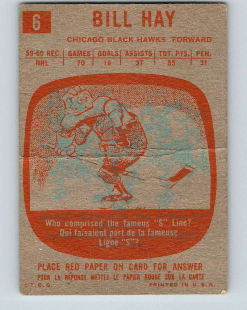 1960-61 Topps #6 Bill Hay  RC Rookie Chicago Blackhawks  V202