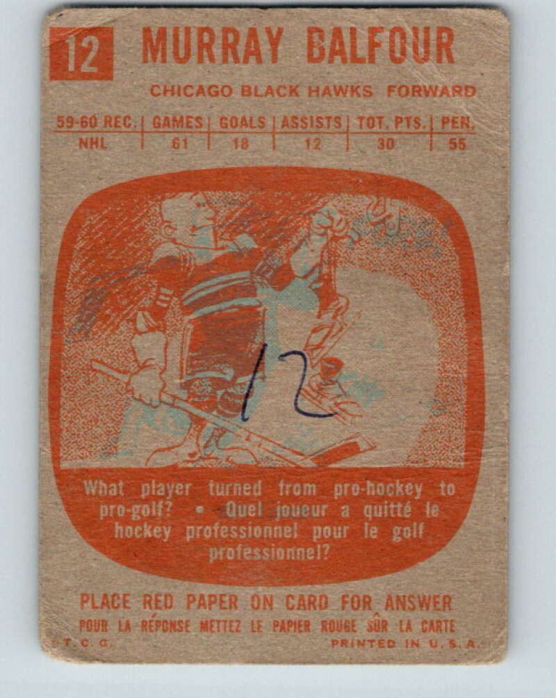 1960-61 Topps #12 Murray Balfour  Chicago Blackhawks  V205