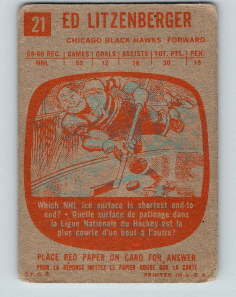 1960-61 Topps #21 Ed Litzenberger  Chicago Blackhawks  V208