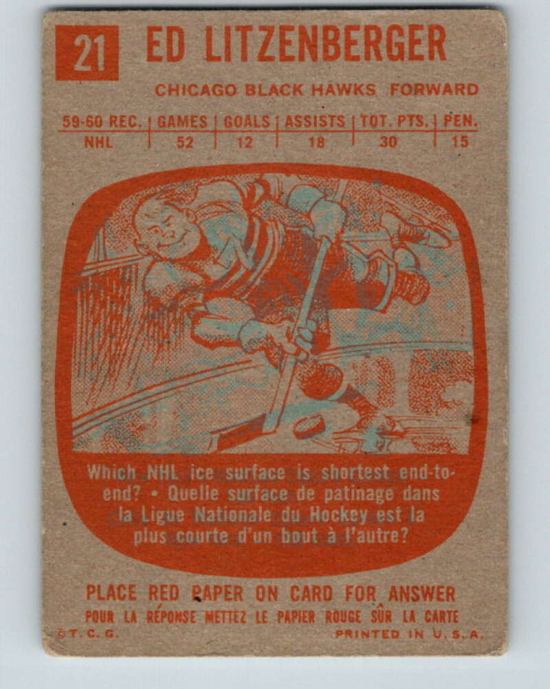 1960-61 Topps #21 Ed Litzenberger  Chicago Blackhawks  V209
