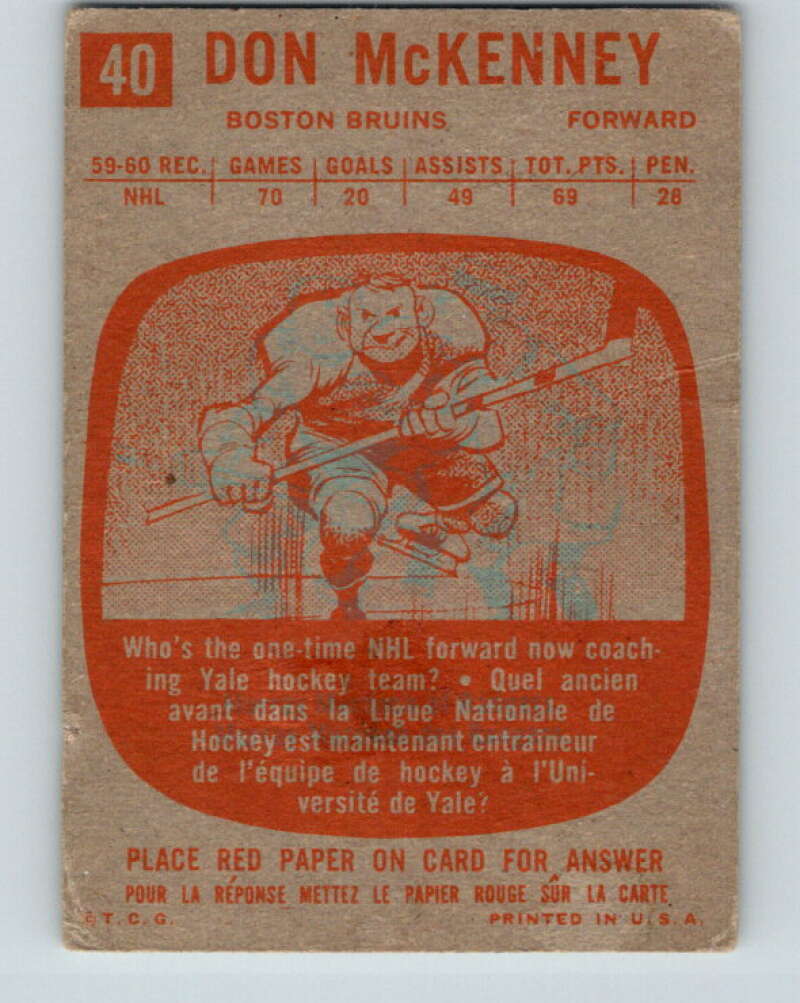 1960-61 Topps #40 Don McKenney UER  Boston Bruins  V218