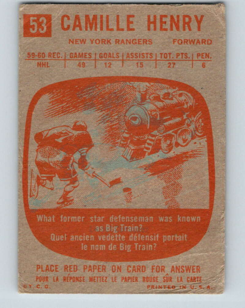 1960-61 Topps #53 Camille Henry  New York Rangers  V201