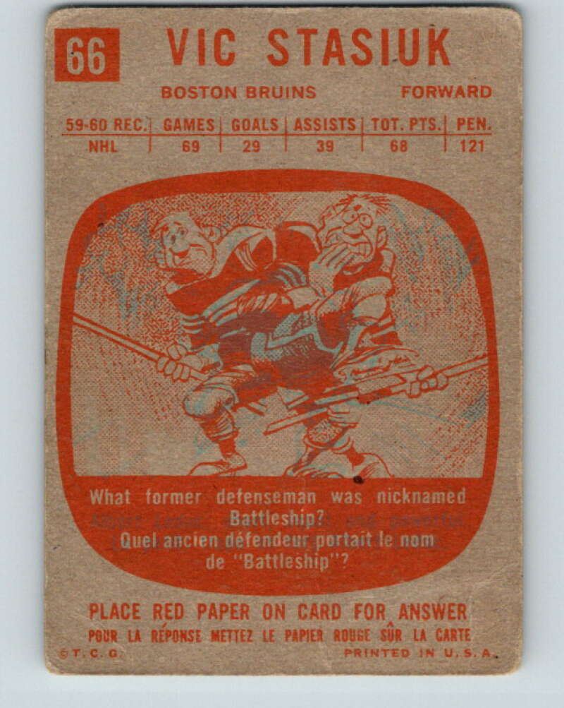 1960-61 Topps #66 Vic Stasiuk  Boston Bruins  V236