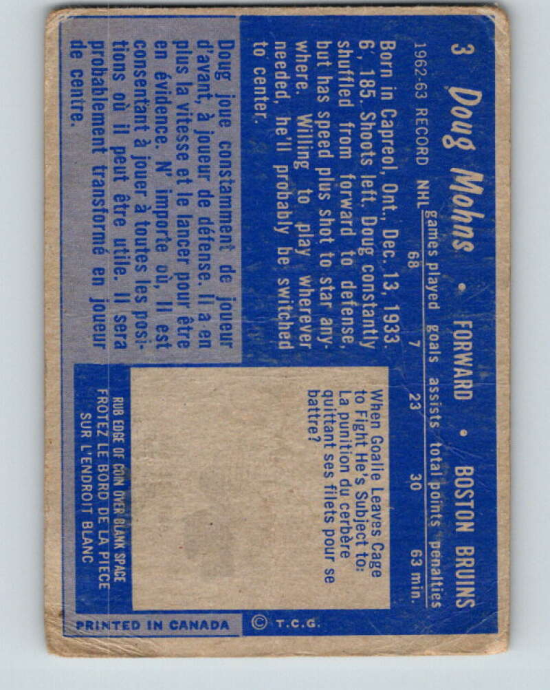1963-64 Topps #3 Doug Mohns  Boston Bruins  V375